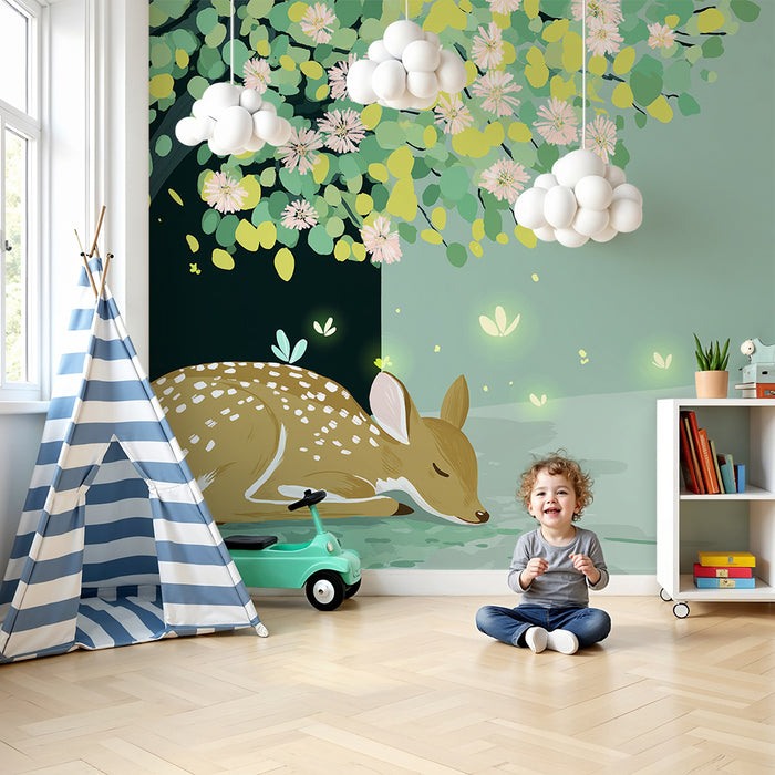 Lastenhuoneen tapetti | Uninen hirvi istuu kukkivan puun alla, jossa on tulikärpäsiä