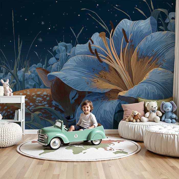 Lastenhuoneen tapetti | Nukkuva hirviö jättikukan alla yöpuutarhassa