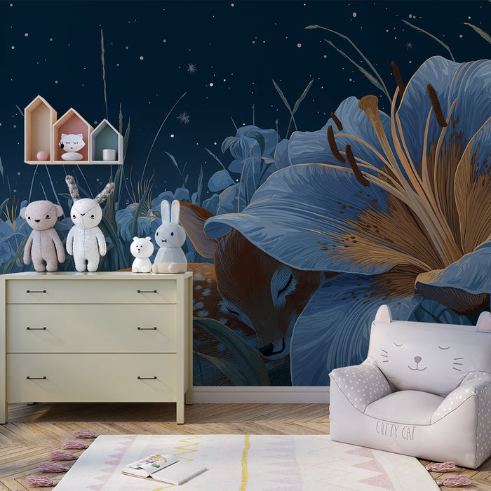 Lastenhuoneen tapetti | Nukkuva hirviö jättikukan alla yöpuutarhassa