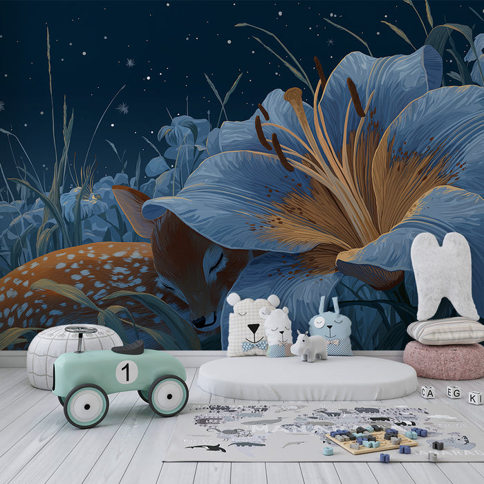 Lastenhuoneen tapetti | Nukkuva hirviö jättikukan alla yöpuutarhassa