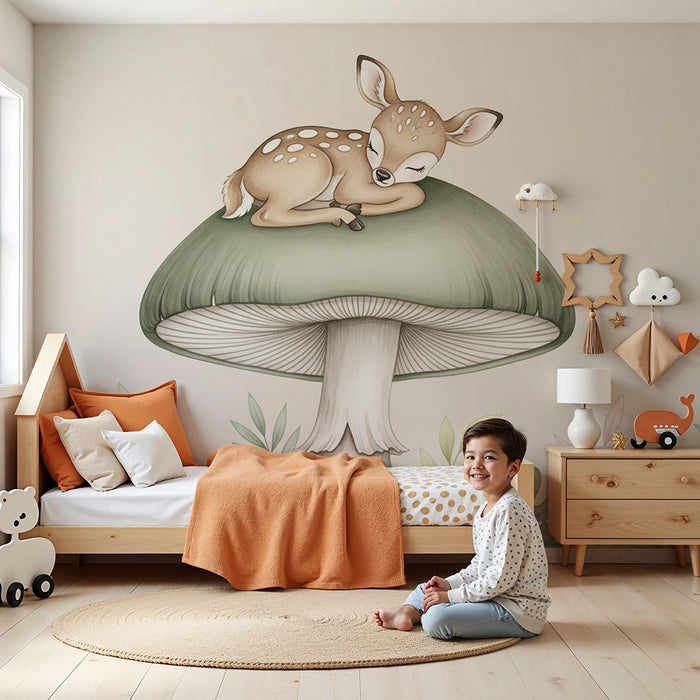 Papier peint chambre bébé | Faon endormi sur un champignon