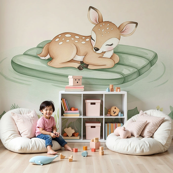 Babykamer behang | Slapende baby hert op drijvende matras
