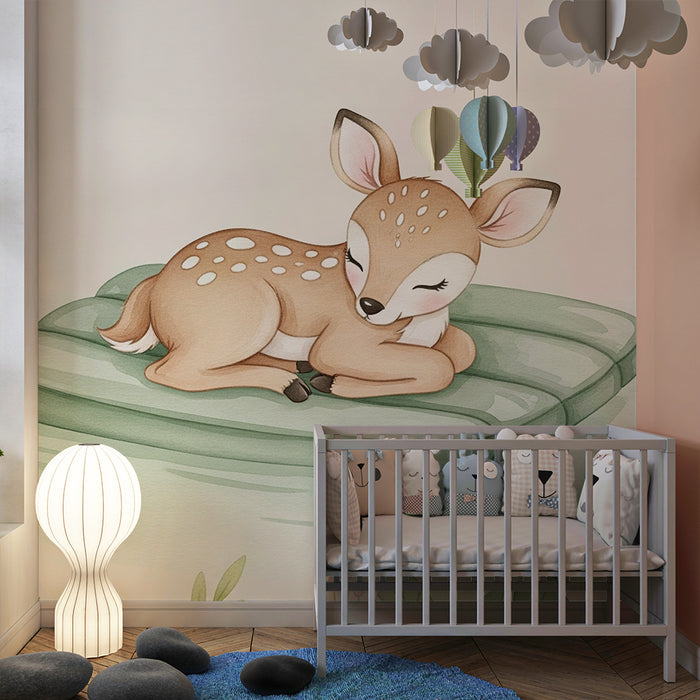 Babykamer behang | Slapende baby hert op drijvende matras