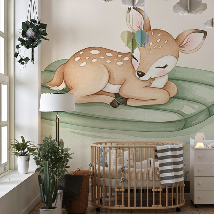 Babykamer behang | Slapende baby hert op drijvende matras