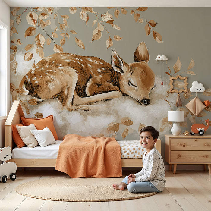 Papier peint chambre bébé | Faon endormi sur un nuage avec des feuilles dorées