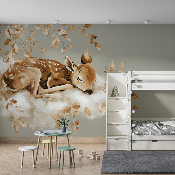 Papier peint chambre bébé | Faon endormi sur un nuage avec des feuilles dorées