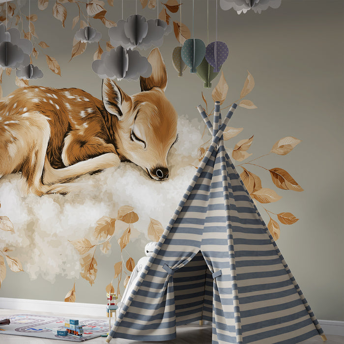Papier peint chambre bébé | Faon endormi sur un nuage avec des feuilles dorées
