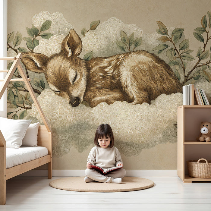 Lastenhuoneen tapetti | Uninen hirvi pilvellä herkällä lehdellä