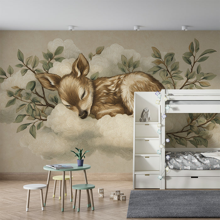 Lastenhuoneen tapetti | Uninen hirvi pilvellä herkällä lehdellä