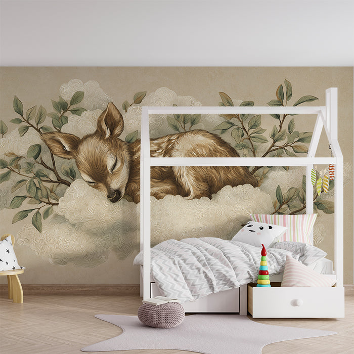 Lastenhuoneen tapetti | Uninen hirvi pilvellä herkällä lehdellä