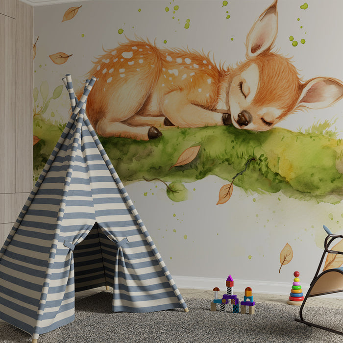 Barntapet | Sovande rådjur på en gren med känsligt lövverk