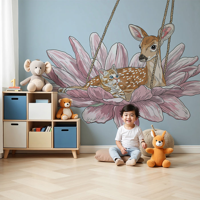 Babykamer behang | Fawn en kitten rustend op een delicate bloem