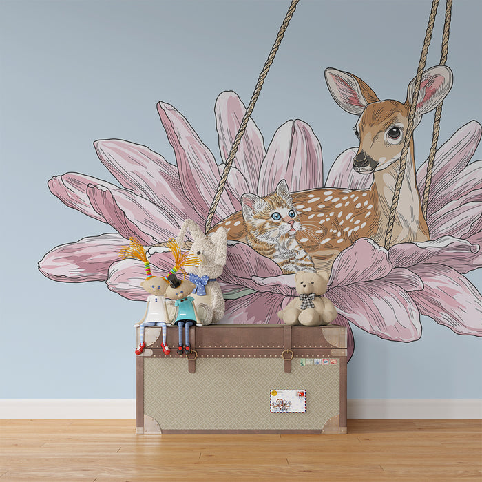 Babykamer behang | Fawn en kitten rustend op een delicate bloem