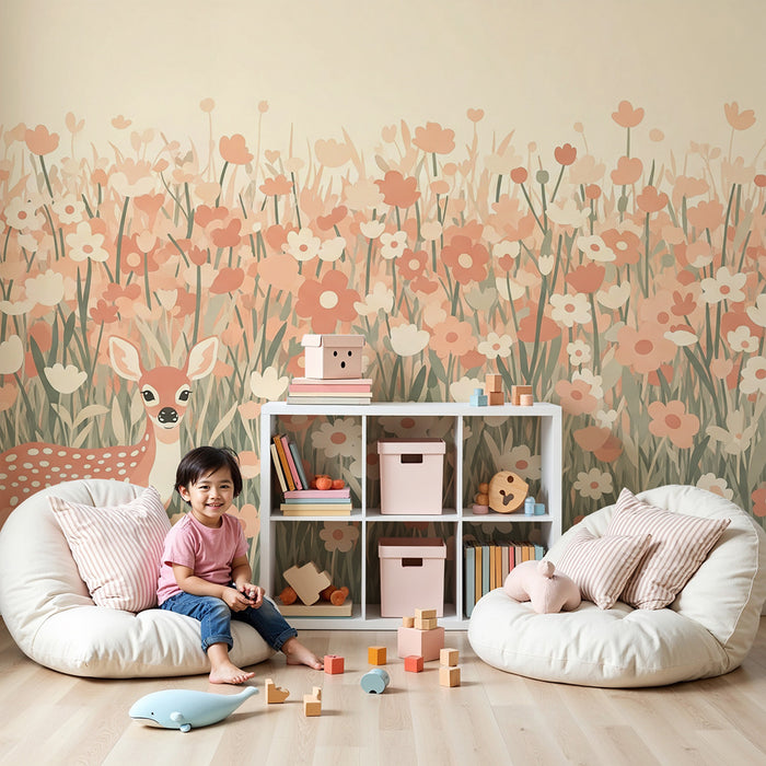 Lastenhuoneen tapetti | Vaaleanpunaiset kukat ja peurat