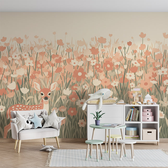 Lastenhuoneen tapetti | Vaaleanpunaiset kukat ja peurat