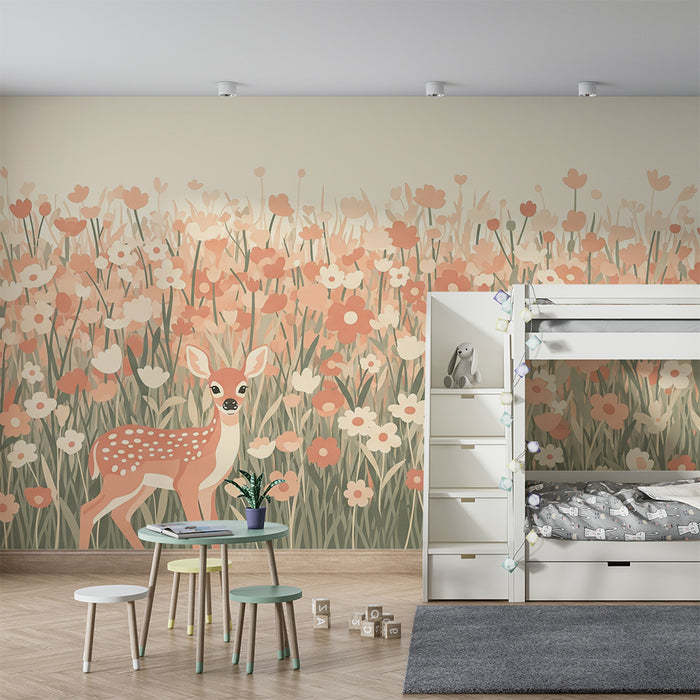 Lastenhuoneen tapetti | Vaaleanpunaiset kukat ja peurat