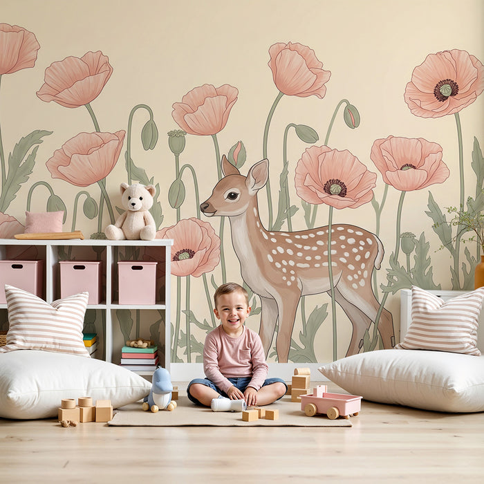 Lastenhuoneen tapetti | Peurat ja unikot kukissa