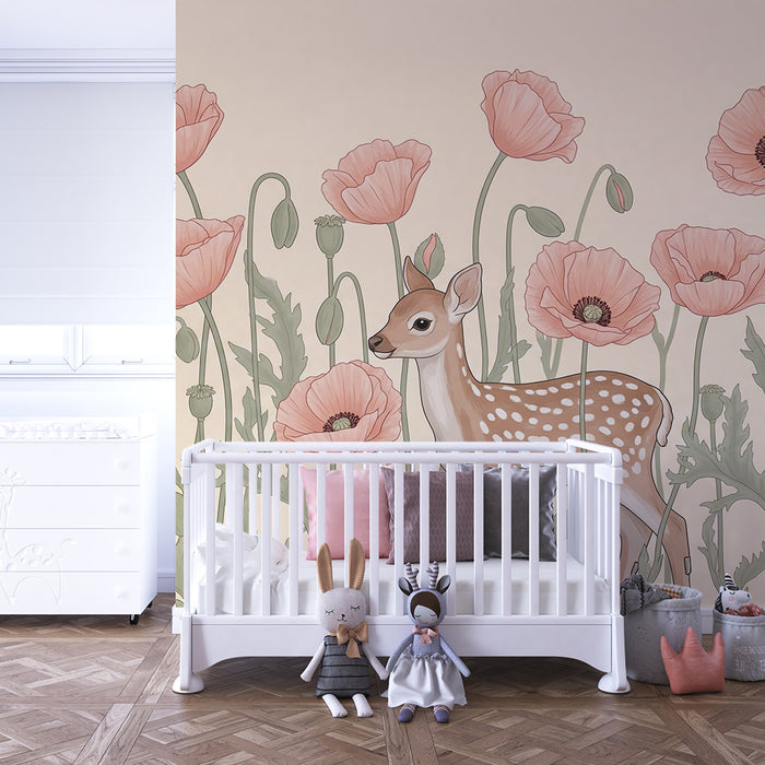 Lastenhuoneen tapetti | Peurat ja unikot kukissa