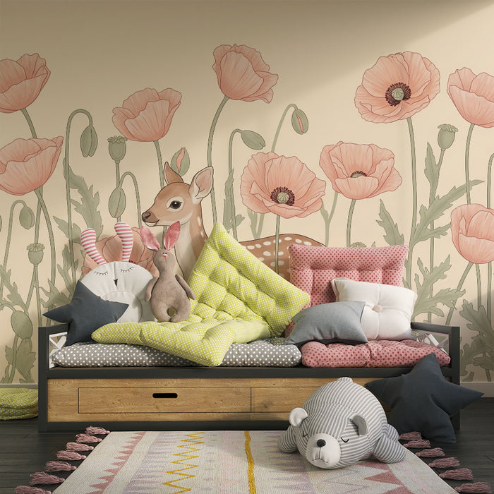 Lastenhuoneen tapetti | Peurat ja unikot kukissa