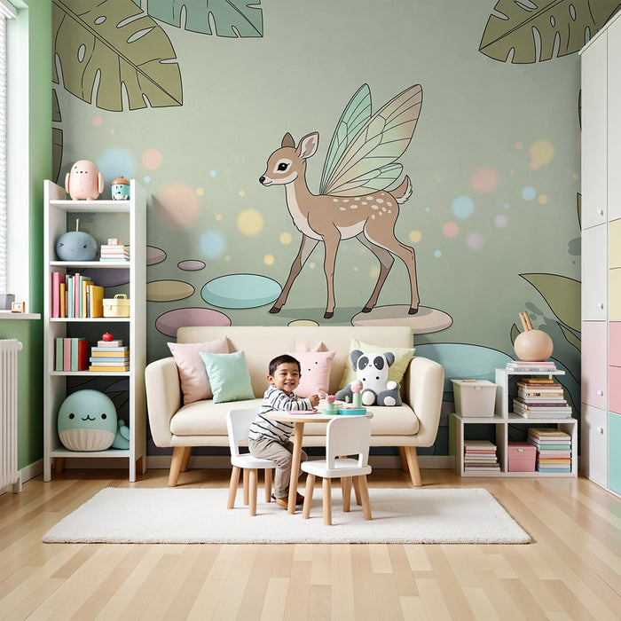 Papel de perete cameră bebeluși | Cerb magic cu aripi și drum colorat