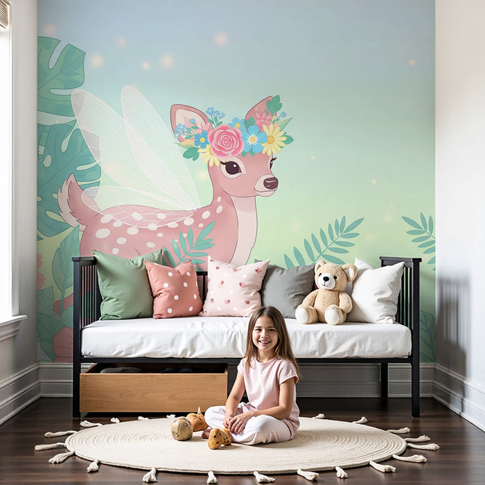 Nursery room wallpaper | Fairy fawn with wings and flower crown in a lush garden