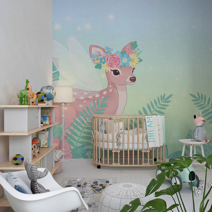 Nursery room wallpaper | Fairy fawn with wings and flower crown in a lush garden