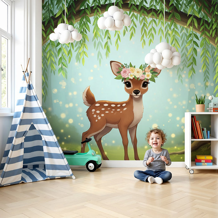 Papier peint chambre bébé | Faon mignon avec couronne de fleurs sous un arbre majestueux