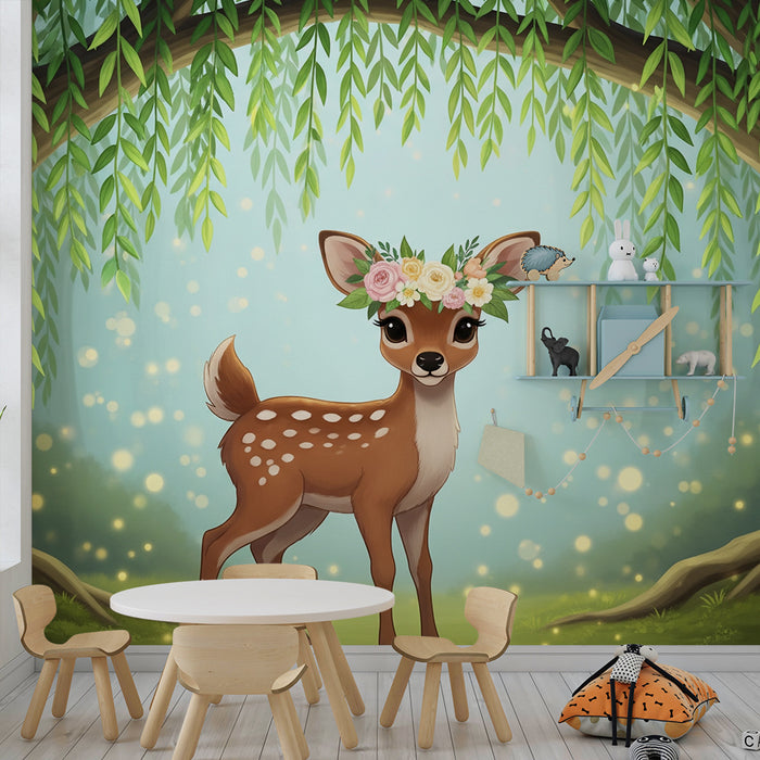 Papier peint chambre bébé | Faon mignon avec couronne de fleurs sous un arbre majestueux