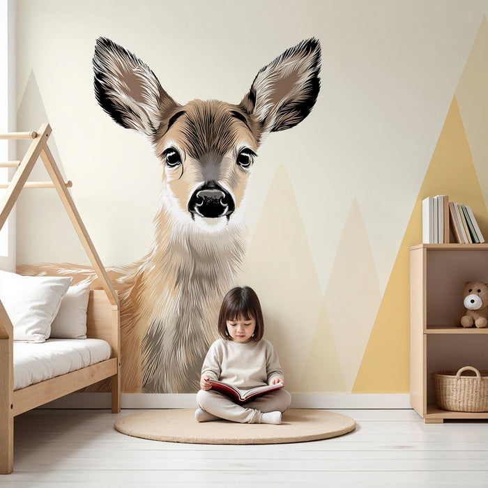 Papel de parede quarto bebê | Fofo veado com suaves montanhas ao fundo