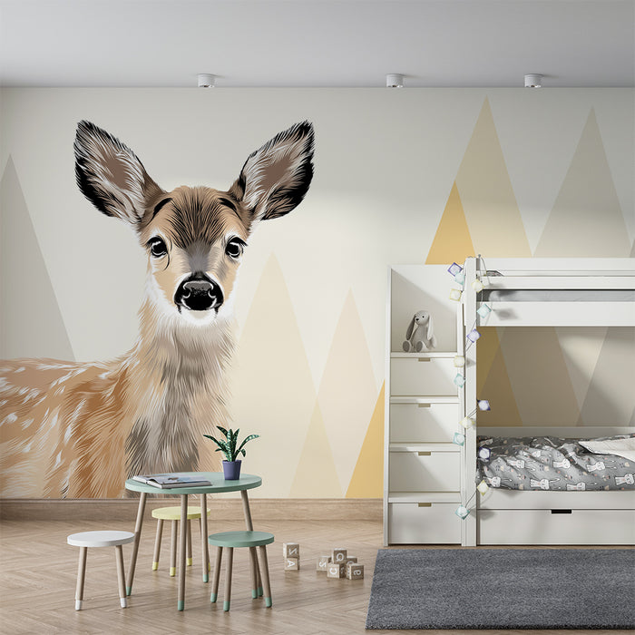 Papel de parede quarto bebê | Fofo veado com suaves montanhas ao fundo
