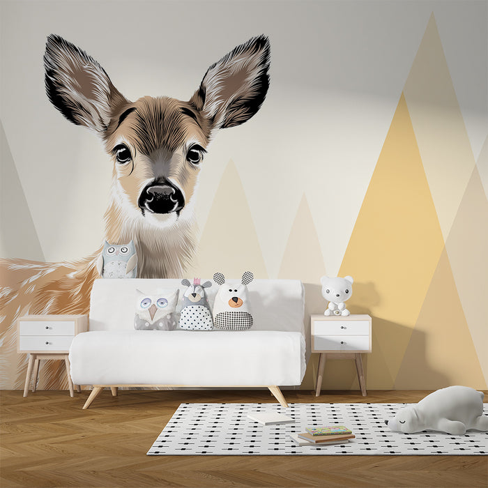 Papel de parede quarto bebê | Fofo veado com suaves montanhas ao fundo