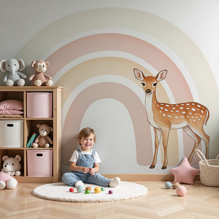 Nursery room wallpaper | Cute fawn in front of a pastel rainbow