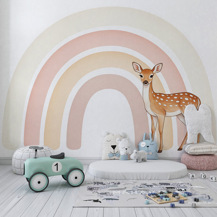 Nursery room wallpaper | Cute fawn in front of a pastel rainbow