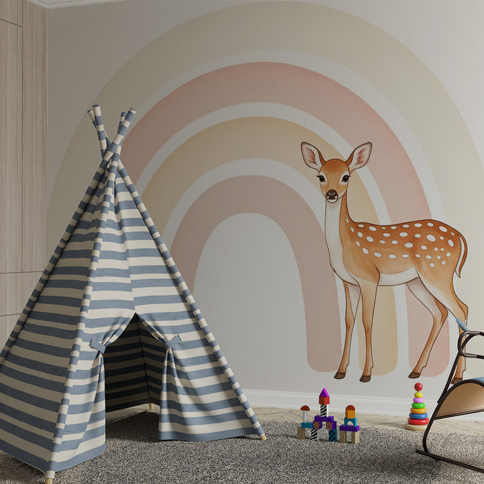 Nursery room wallpaper | Cute fawn in front of a pastel rainbow