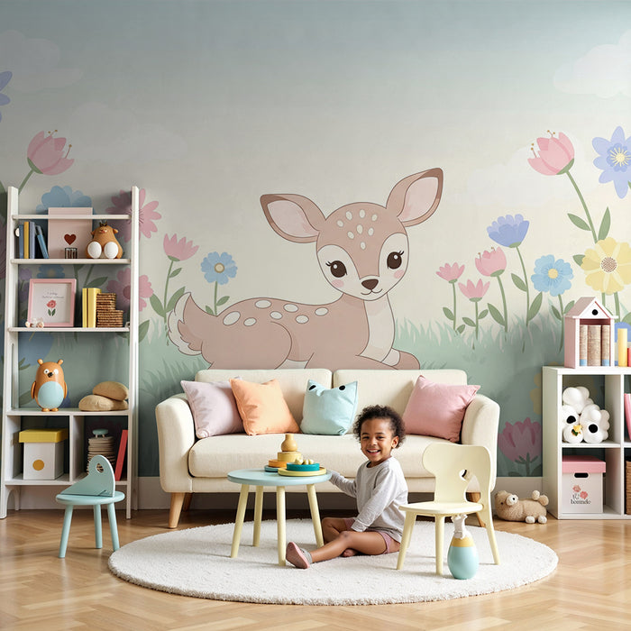 Babykamer behang | Schattig hertje tussen kleurrijke bloemen
