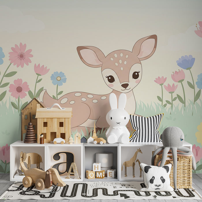 Babykamer behang | Schattig hertje tussen kleurrijke bloemen