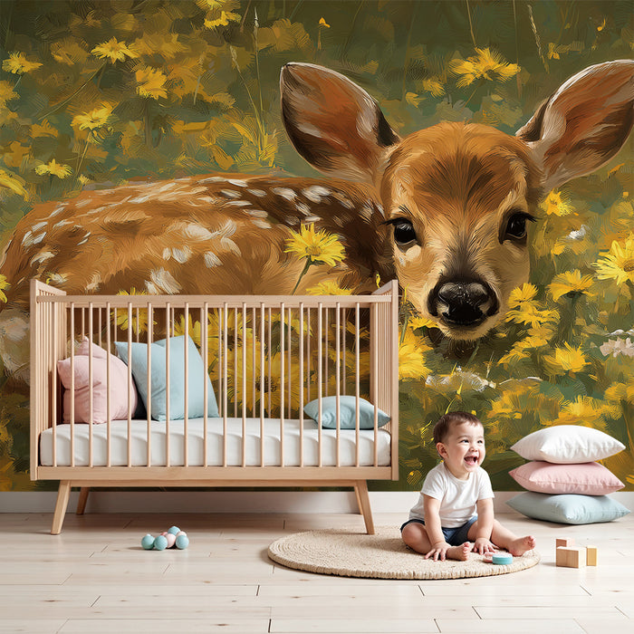 Papier peint chambre bébé | Faon mignon parmi les fleurs jaunes