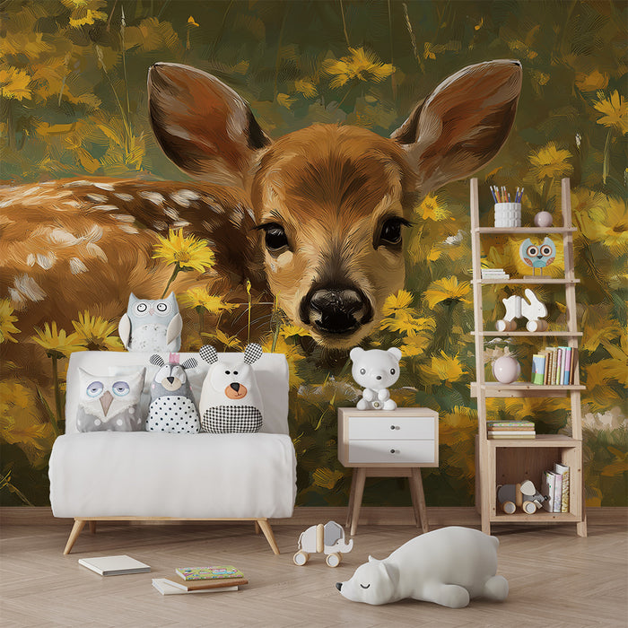 Papier peint chambre bébé | Faon mignon parmi les fleurs jaunes