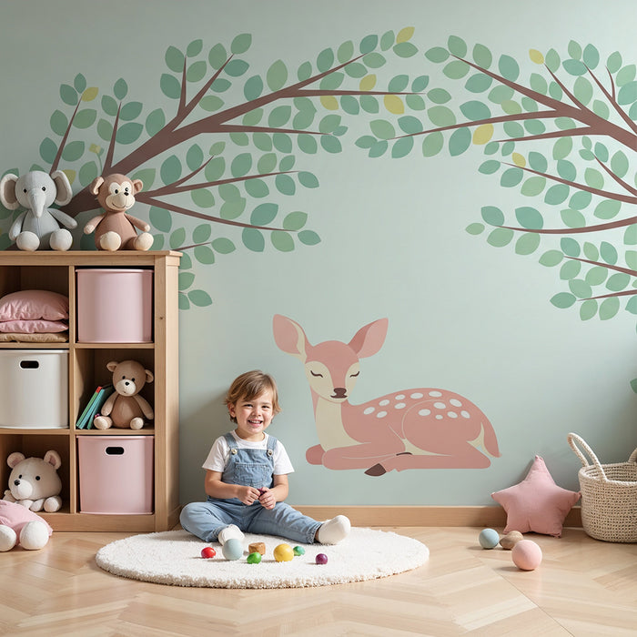 Nursery room wallpaper | Peaceful fawn under leafy tree branches