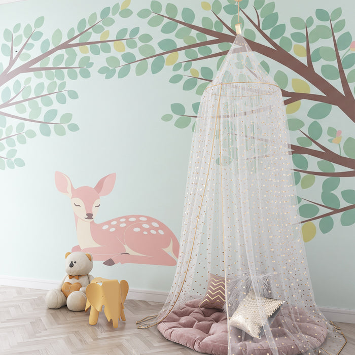 Nursery room wallpaper | Peaceful fawn under leafy tree branches