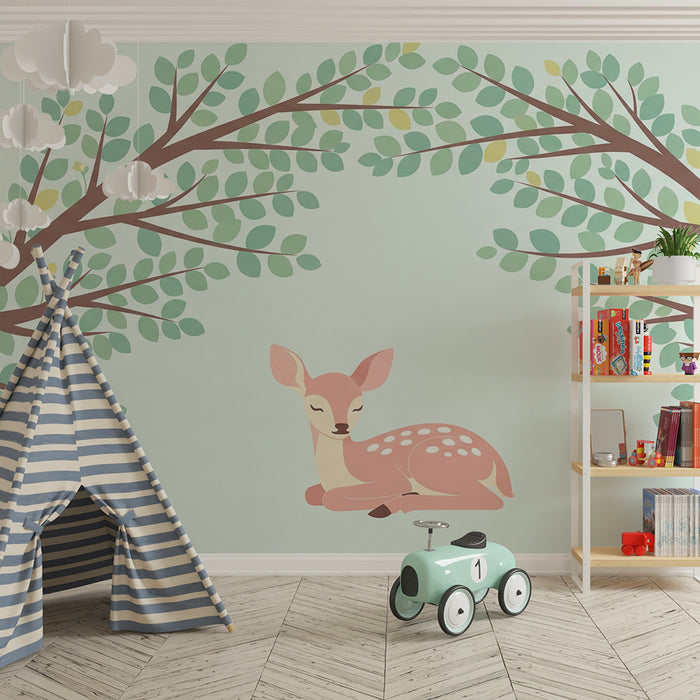 Nursery room wallpaper | Peaceful fawn under leafy tree branches