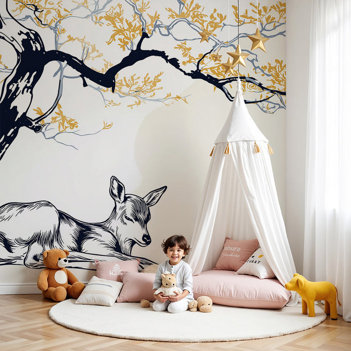 Lastenhuoneen tapetti | Rauhallinen hirvi kultaisen lehtipuun alla
