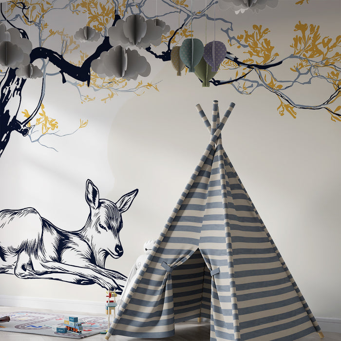 Lastenhuoneen tapetti | Rauhallinen hirvi kultaisen lehtipuun alla