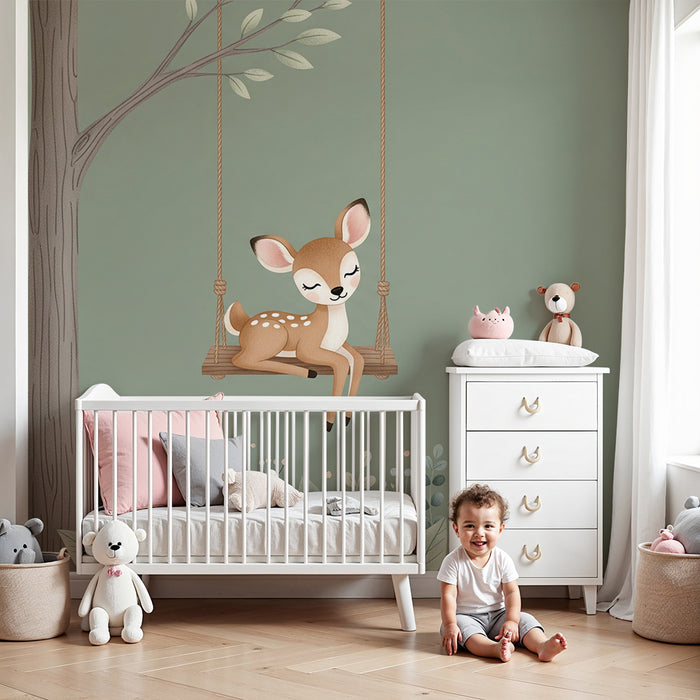 Papier peint chambre bébé | Faon paisible sur une balançoire entouré de fleurs délicates