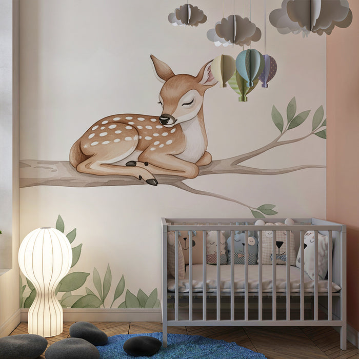 Papel de parede quarto bebê | Ήρεμο ελάφι σε κλαδί