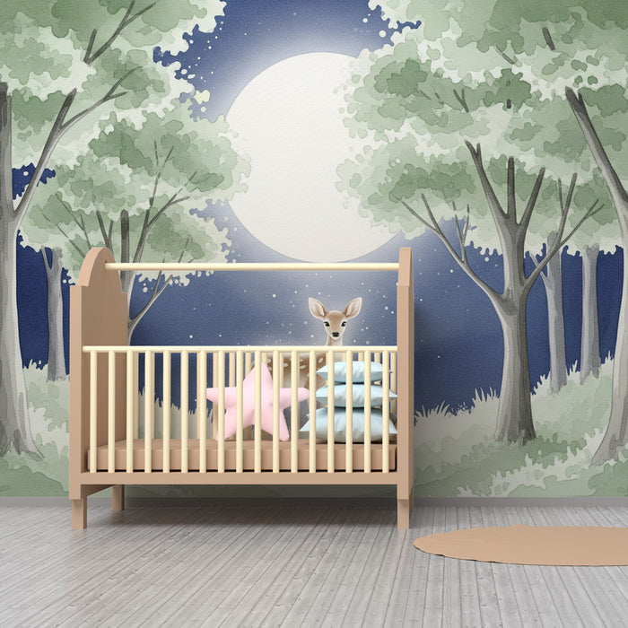 Nursery room wallpaper | Szarvas a hold alatt egy békés erdőben