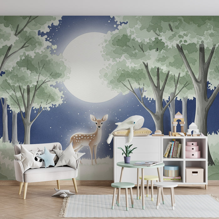 Nursery room wallpaper | Szarvas a hold alatt egy békés erdőben
