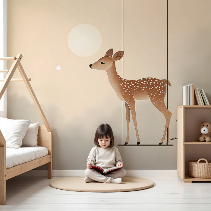 Papier peint chambre bébé | Faon sur une balançoire sous la lune