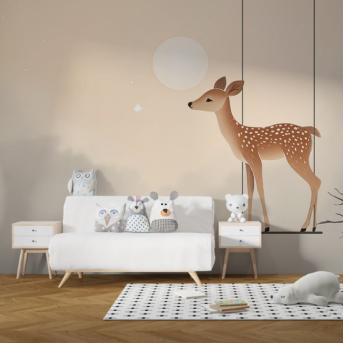 Papier peint chambre bébé | Faon sur une balançoire sous la lune