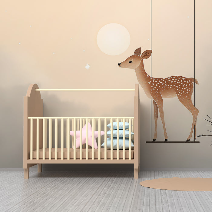 Papier peint chambre bébé | Faon sur une balançoire sous la lune